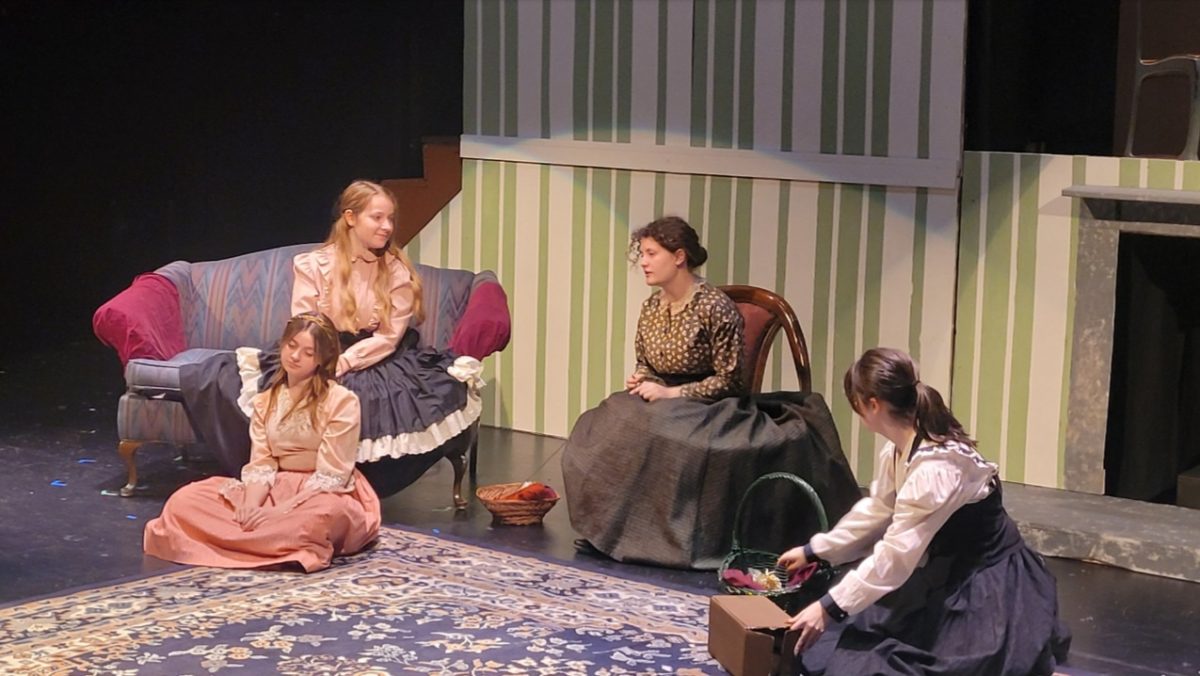 Brooklyn Hayden(9), Emma Yung(12), Sofia Sandquist(12), and Grace Csabai(12) acting in the opening scene of Little Women.