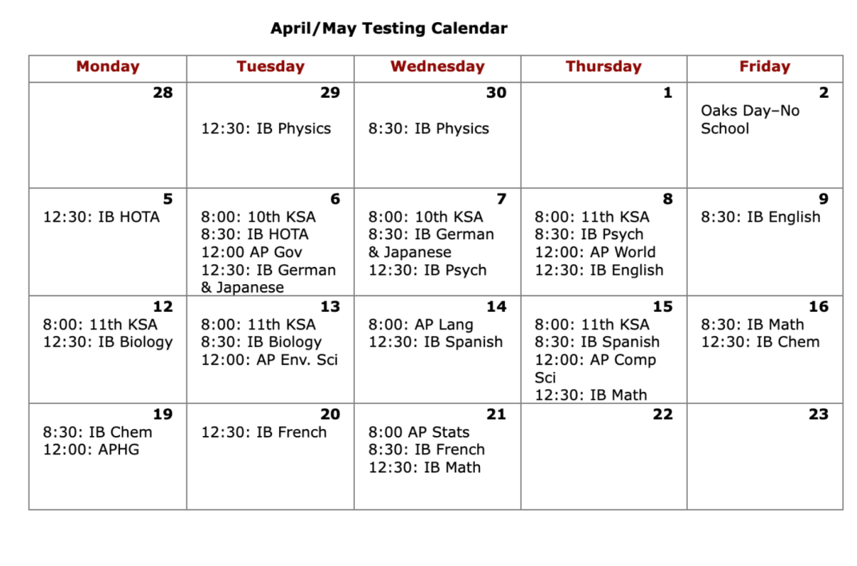 Calendar: Student Testing and Finals